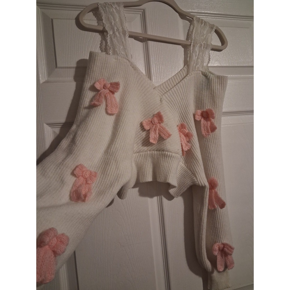 Pink Bow Lace Strap Ivory Knit Sweater Coquette Balletcore Fairycore Womens XL - Picture 7 of 9
